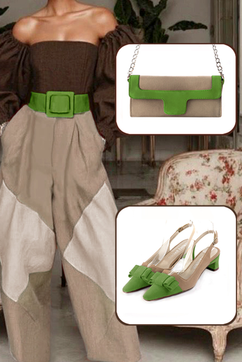 Women's grass green and tan beige elegant slingback heels, with a bow on the front. Tapered toe. Low kitten heels - Top view